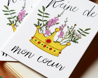 Carte Saint-Valentin aquarelle couronne fleurie Reine de mon cœur illustration originale fait main idée cadeau amour déco romantique