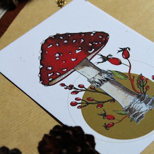Illustration aquarelle décorative reproduction fait main champignon amanite tue-mouches rouge Carte amour unique Célébration saison automne