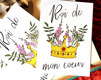 Carte postale Roi de mon cœur Couronne fleurie aquarelle originale Illustration amour noir et blanc Cadeau Saint-Valentin unique fait main