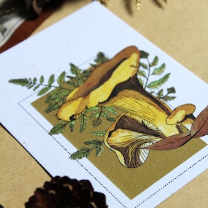 Decorative Watercolor Postcard Handmade Reproduction Chanterelle Mushroom Poster Autumn Season Illustration Cottage Core Fern Poster