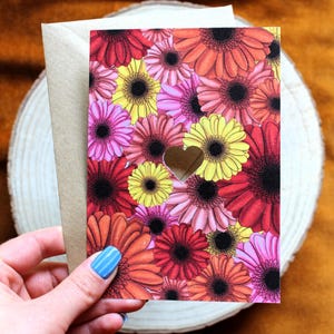 Carte fleurs gerbera – Illustration florale aquarelle – Insert cœur ou dorure à chaud – Carte artistique – Idée cadeau fête des mères