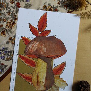 Illustration peinture aquarelle décorative reproduction artisanale champignon Bolet blafard Carte d'amour nature Décoration art cottage core