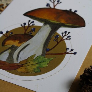 Illustration peinture aquarelle décorative reproduction artisanale champignon cèpe de Bordeaux Carte d'amour nature Amoureux d'automne