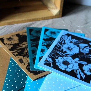 Double card Line Art floral Anemone Pansy handmade reproduction Grandmother's Day gift, seventies decoration Linocut card