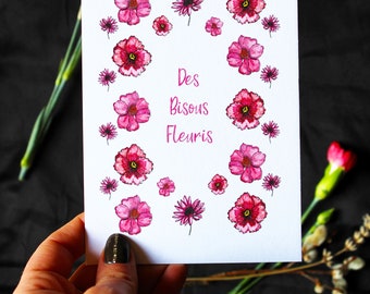 Cartão postal floral em aquarela, beijos floridos, reprodução artesanal, rosa, ideia poética de presente para a mãe, delicada homenagem floral