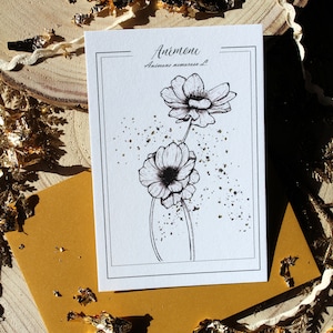 Carte postale fleur éternelle Anémone noire dorée Illustration botanique minimaliste Reproduction artistique florale Cadeau raffiné nature