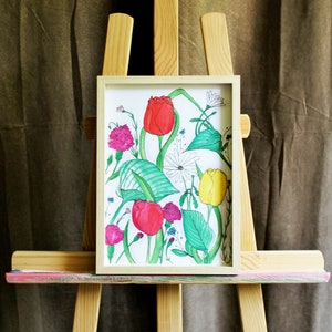 Póster de flores de primavera en acuarela. Reproducción hecha a mano. Tulipanes, claveles, aros, nomeolvides. Regalo para el Día de la Madre, decoración floral poética.