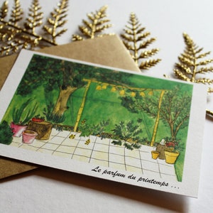 Carte postale aquarelle Le parfum du printemps Vue d'une terrasse verdoyante avec jardin et guirlande Reproduction décorative fait main