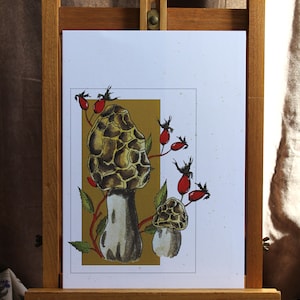 Illustration peinture aquarelle décorative reproduction artisanale champignon morille Carte nature Poster saison Cadeau amoureux automne