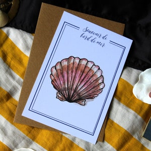 Carte postale aquarelle Coquille Saint-Jacques Illustration vintage bord de mer Affiche marine rétro Souvenir de Bretagne Gravure coquillage