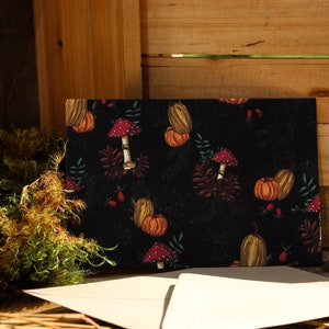 Carte postale line art champignon & fougère Reproduction artisanale Affiche cottage core unique Cadeau pour amoureux de l'automne Amanite