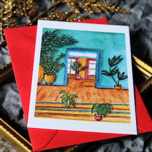 Carte postale aquarelle originale Reproduction fait main La maison des plantes bleue Illustration maison vintage Idée cadeau rétro photo
