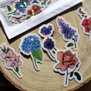 Stickers fleurs de printemps – Autocollants fait main, transparents et holographiques – Lot floral au choix (3 ou 6)