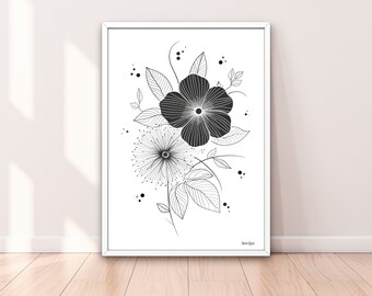 Simple Floral Print - Black and White Line Art - Minimalist Wall Decor - Digital Download
