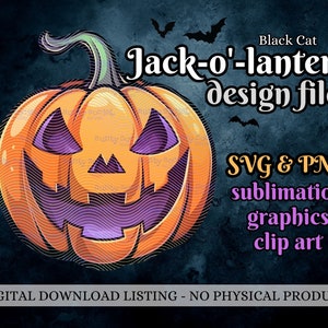 May include: A digital download design file of a jack-o'-lantern with a purple and orange color scheme. The design is available in SVG and PNG formats for sublimation graphics and clip art.