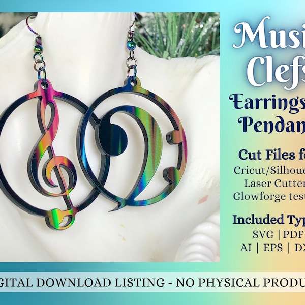 Treble Clef and Bass Clef Earrings Pendant FILE for Laser Cutters | Instant digital download svg eps dxf pdf files | Music Notes Jewelry