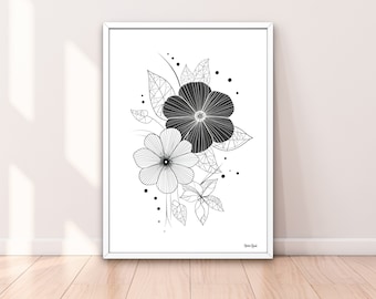 Minimalist Black and White Floral Line Drawing - Printable Wall Art - Instant Digital Download