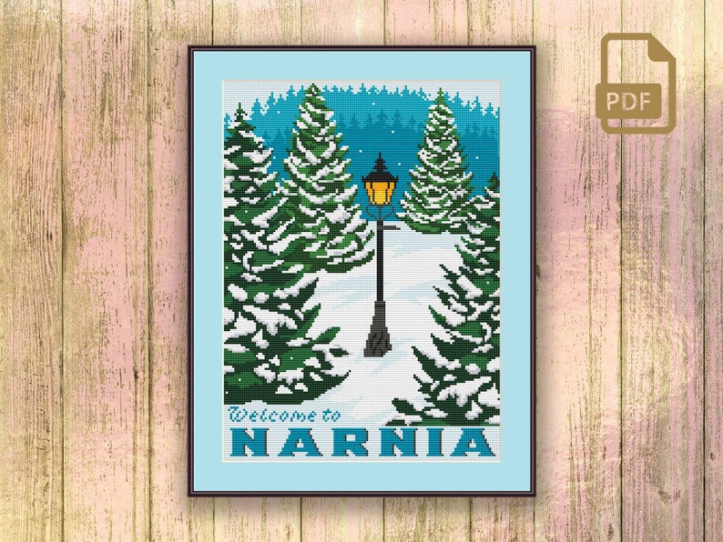 May include: Cross stitch pattern of a snowy winter scene with a lamppost and the text "Welcome to Narnia".