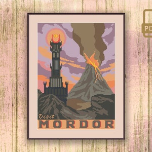 Korsstygnsmönster för besök i Mordor, korsstygnsmönster för filmen, korsstygnsmönster för LOTR, retro-resemönster #tv_021
