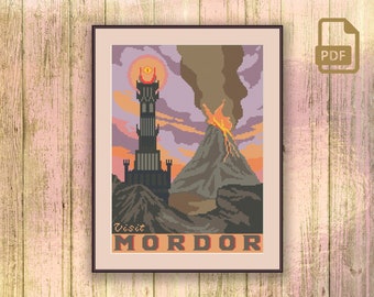 Besuchen Sie Mordor Kreuzstich Muster, Film Kreuzstich Muster, Herr der Ringe Kreuzstich Muster, Retro Reise Muster #tv_021