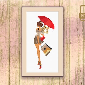 Girl With Umbrella Cross Stitch Pattern, Girl Cross Stitch Pattern, Shopping Cross Stitch Pattern, Modern Home Decor #oth_023