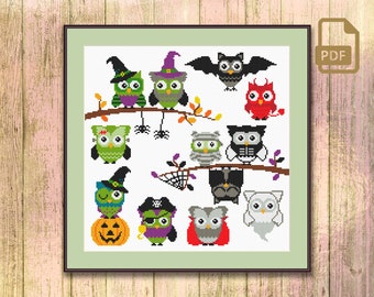 Halloween Owls Cross Stitch Pattern, Owls Cross Stitch Pattern, Halloween Cross Stitch Pattern, Halloween Gift, Holiday Decoration #hll_007