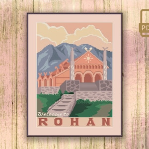 May include: A cross-stitch pattern of a vintage travel poster featuring a building with a red roof and a sun symbol. The text on the poster reads "Welcome to Rohan".