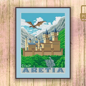 Könnte beinhalten: Kreuzstichmuster einer Fantasielandschaft mit Burg, Bergen und einem fliegenden Drachen. Das Bild zeigt den Text "Visit Aretia" in blauen Buchstaben. Die Burg hat mehrere Türme mit blauen Dächern, vor blauem Himmel.