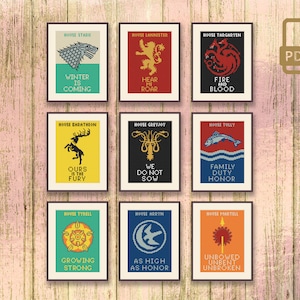 May include: Nine colorful posters with the sigils and mottos of the Great Houses of Westeros from the TV show Game of Thrones. The posters are framed in black and arranged in three rows of three. The houses featured are Stark, Lannister, Targaryen, Baratheon, Greyjoy, Tully, Tyrell, Arryn, and Martell.