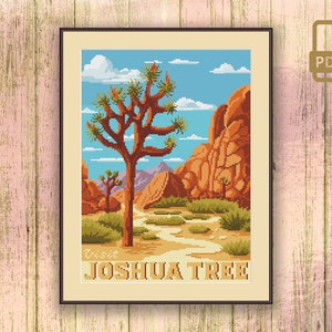 May include: Cross-stitch pattern of a Joshua Tree National Park landscape with a large Joshua Tree in the center, surrounded by rocks and a dirt path. The text "Visit Joshua Tree" is at the bottom of the pattern.