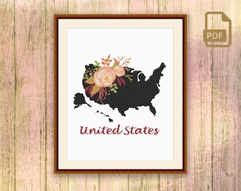 United States Cross Stitch Pattern, Country Cross Stitch Pattern, Map Cross Stitch Pattern, United States Pattern, Download Map  #mp_008