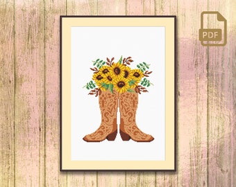 Cowboy Boots Cross Stitch Pattern, Vintage Boots Cross Stitch Pattern, Cowboy Boots Embroidery Design, Sunflower Cross Stitch #oth_072