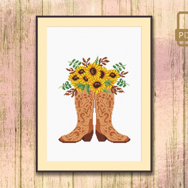 Cowboy Boots Cross Stitch Pattern, Vintage Boots Cross Stitch Pattern, Cowboy Boots Embroidery Design, Sunflower Cross Stitch #oth_072