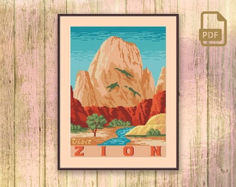 Visit Zion Cross Stitch Pattern, National Park Cross Stitch Pattern, National Park Pattern, Retro Travel Cross Stitch Pattern #ntp_006