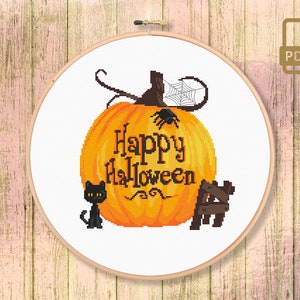 Happy Halloween Cross Stitch Pattern, Halloween Decor, Halloween Patterns, Halloween Gift, Black Cat xStitch, Halloween Cat Pattern #hll_004