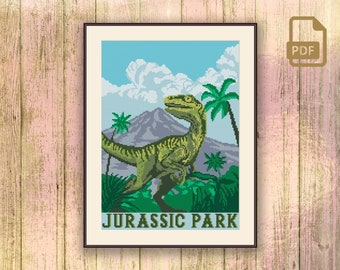 Jurassic Park Cross Stitch Pattern, Dinosaur Cross Stitch Pattern, Isla Nublar Cross Stitch Pattern, Retro Travel Cross Stitch #tv_011