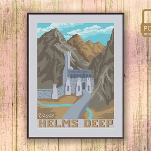 Besuchen Sie Helms Deep Kreuzstichmuster, Kreuzstichmuster Film, LOTR Kreuzstichmuster, Retro Reisemuster #tv_059