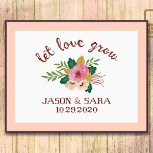 Let Love Grow Cross Stitch Pattern, Wedding Cross Stitch Pattern, Personalized Wedding Gift Cross Stitch Pattern, Modern Home Decor #wd_013
