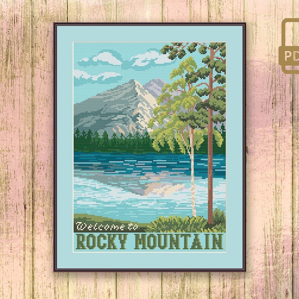 Willkommen bei Rocky Mountain Kreuzstichmuster, Nationalpark-Kreuzstich, Nationalpark-Muster, Retro-Reisen Kreuzstichmuster #ntp_002