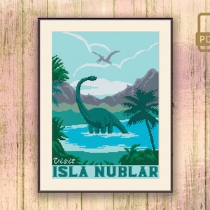 Visit Isla Nublar Cross Stitch Pattern, Dinosaur Cross Stitch Pattern, Jurassic Park Cross Stitch Pattern, Retro Travel Cross Stitch #tv_010