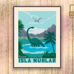 cross stitch pattern	easy cross stitch	modern cross stitch	embroidery	home decoration	Movie Cross Stitch	retro travel pattern	Travel Cross Stitch	retro travel xstitch	Retro Cross Stitch	Jurassic Park	Isla Nublar	Visit Isla Nublar