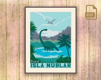 Visit Isla Nublar: kruissteekpatroon dinosaurus, kruissteekpatroon dinosaurus, Jurassic Park kruissteekpatroon, retro reis kruissteek #tv_010