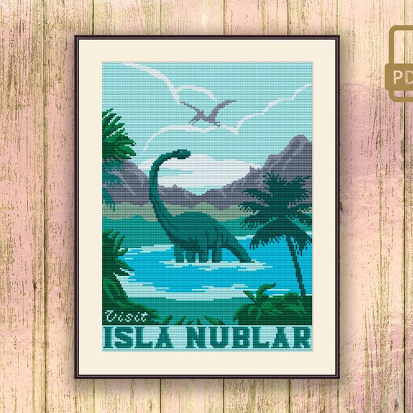 Visit Isla Nublar Cross Stitch Pattern, Dinosaur Cross Stitch Pattern, Jurassic Park Cross Stitch Pattern, Retro Travel Cross Stitch #tv_010