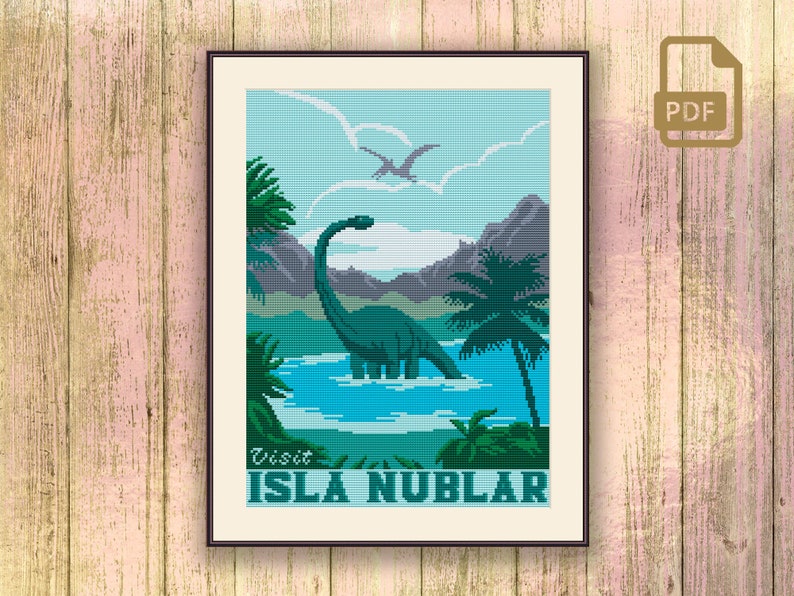 cross stitch pattern	easy cross stitch	modern cross stitch	embroidery	home decoration	Movie Cross Stitch	retro travel pattern	Travel Cross Stitch	retro travel xstitch	Retro Cross Stitch	Jurassic Park	Isla Nublar	Visit Isla Nublar