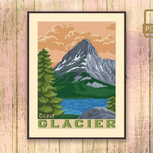 Może przedstawiać: Plakat turystyczny w stylu vintage z górami i jeziorem na pierwszym planie. Tekst na plakacie brzmi "Odwiedź Glacier".