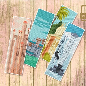 May include: Set of five colourful bookmark patterns featuring different cityscapes and a bird. The bookmarks are designed for cross-stitch and are available as a PDF download.