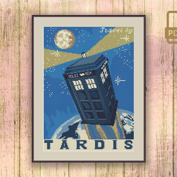 Travel by Tardis Cross Stitch Pattern, Movie Cross Stitch Pattern, Space Pattern, Retro Travel Cross Stitch Pattern #tv_006