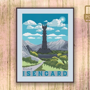 Patrón de punto de cruz Visita Isengard, Patrón de punto de cruz de la película, Patrón de punto de cruz ESDLA, Patrón de viaje retro #tv_022