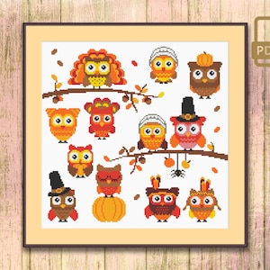 Thanksgiving Owls Cross Stitch Pattern, Happy Thanksgiving Cross Stitch, Thanksgiving Day, Thanksgiving Gift, Thanksgiving Decor #thg_003