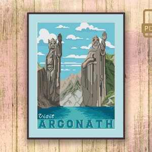 Visit Argonath Cross Stitch Pattern, Movie Cross Stitch Pattern, LOTR Cross Stitch Pattern, Retro Travel Pattern #tv_084